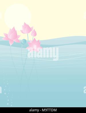 a vector illustration in eps 10 format of lotus blooms in water with seed head and buds under a yellow sun and sky with space for text Stock Vector