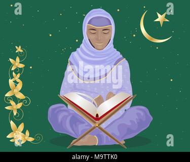 an illustration of a muslim woman sitting cross legged studying the koran holy book in traditional dress with star and crescent moon on a green backgr Stock Vector