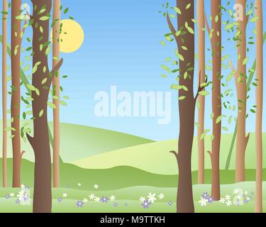 an illustration of the edge of a springtime forest with green fields young leaves and flowers under a warm blue sky Stock Vector