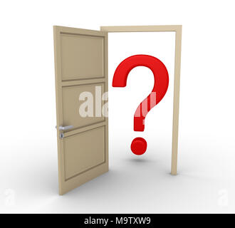 3d door is open and a question mark symbol is behind it Stock Photo