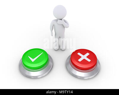 3d person is behind one button with a check mark and one button with a cross sign Stock Photo