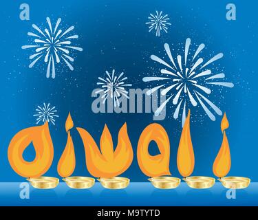 a vector illustration in eps 10 format of orange flames spelling Diwali under a dark sky with fireworks Stock Vector