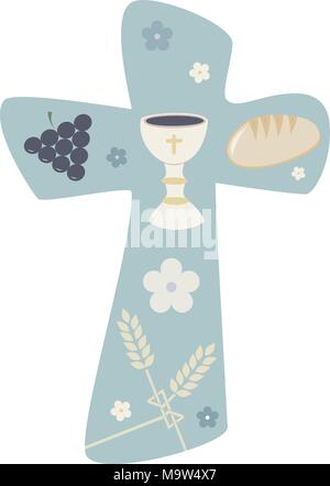 Christian cross with chalice grapes bread and wheat ear. Multiple exposure Stock Vector