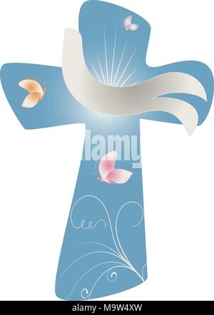 Isolated Christian cross with white dove as a sign of Holy Spirit and butterflies on a blue background. Easter or baptism concept Stock Vector