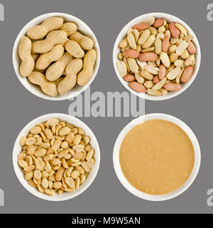 Peanuts in white porcelain bowls. Roasted groundnuts in shells, shelled, salted and crunchy peanut butter. Snack and spread. Arachis hypogaea. Stock Photo