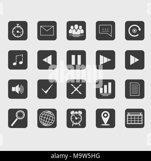 Set of white flat icons in dark rounded rectangle on white background Stock Vector