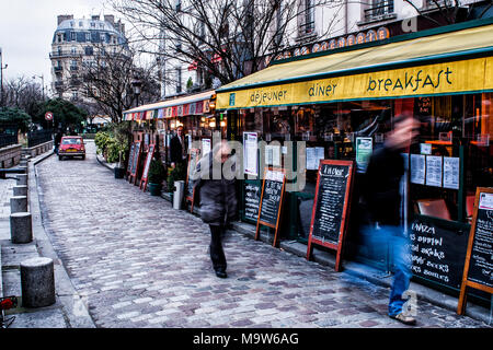 Cafes in Rue du Petit Pont, at Latin Quarter. Paris, France. Stock Photo