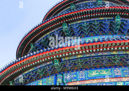 Detail of the triple gabled circular building that is the Hall of Prayer for Good Harvests, in the Temple of Heaven. Beijing, China. Stock Photo