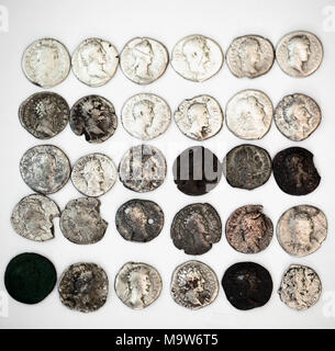 Old roman coins on a white background. Denaria Stock Photo