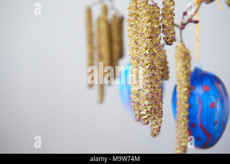 Happy Easter. Black alder branch with male inflorescences (catkins) and Easter eggs. Background for room or space for copy, text, words. Stock Photo