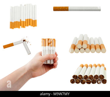 set of cigarette in hand and pile isolated on white Stock Photo