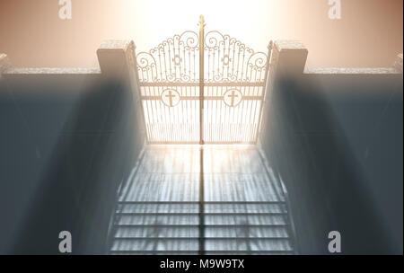 A depiction of the pearly gates of heaven closed with the bright side contrasting with the duller foreground and a stairway leading up to it - 3D rend Stock Photo
