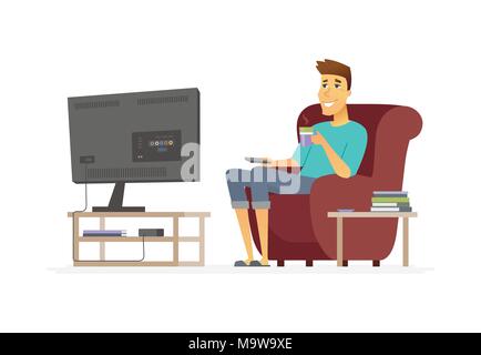 Young man watching TV - cartoon people character isolated illustration Stock Vector