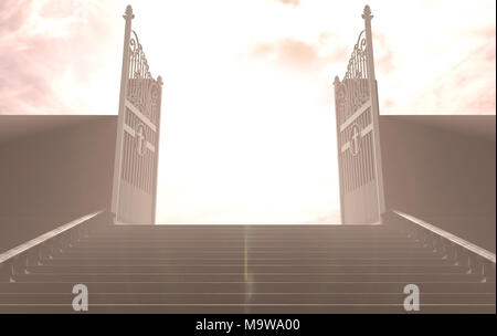 A depiction of the pearly gates of heaven open with the bright side contrasting with the duller foreground and a stairway leading up to it - 3D render Stock Photo