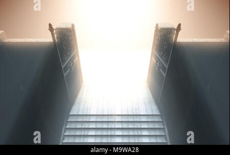 A depiction of the pearly gates of heaven open with the bright side contrasting with the duller foreground and a stairway leading up to it - 3D render Stock Photo