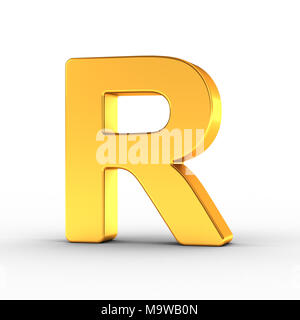 The Letter R as a polished golden object over white background with clipping path for quick and accurate isolation. Stock Photo