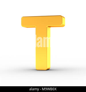 The Letter T as a polished golden object over white background with clipping path for quick and accurate isolation. Stock Photo