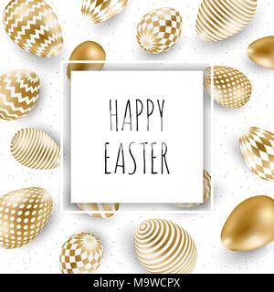 Easter vector illustration with calligraphic greeting and Easter eggs decorated with gold. Vector illustration. Stock Vector