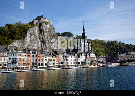 Dinant, Belgium. View of the citadel, the collegiate church and the Meuse from the riverside.