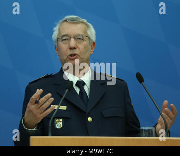 Munich, Germany. 28th Mar, 2018. Wilhelm Schmidbauer. Bavarian Minister of Interiour and Integration Joachim Herrmann of the Christian Social Union (CSU) presented the Bavarian police crime statistics of 2017. Also the president of the Bavarian police Wilhelm Schmidbauer spoke at the press conference. Credit: Alexander Pohl/Pacific Press/Alamy Live News Stock Photo