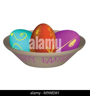 Vector illustration of three Easter eggs painted with different cheerful colors lying on a brown plate with the inscription happy easter. Stock Vector