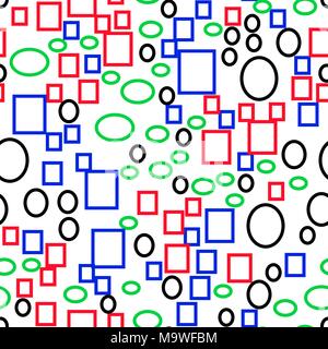 Vector seamless pattern of multi-colored primitive geometric shapes, rectangles and ellipses, flat style. Stock Vector