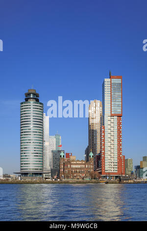 ROTTERDAM-FEBRUARY 13, 2018. Hotel New York, Montevideo tower and world Port at Kop van Zuid, a relatively new area on the south bank of the Maas. Stock Photo