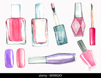 Watercolor illustration of nail polish manicure and blots in pink, blue and  purple tones. Isolated pattern on white background Stock Photo - Alamy