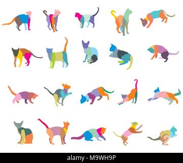 Set of colorful mosaic different breeds cats silhouettes (sitting, standing, lying, playing) isolated on white background. Vector illustration. Stock Vector