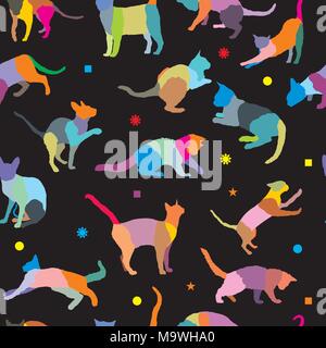 Vector seamless pattern with colorful mosaic different breeds cats and different geometrical figures, on black background Stock Vector