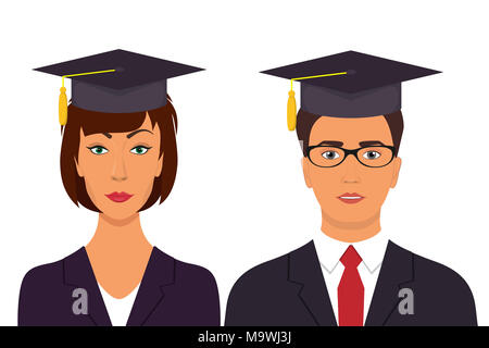 Student s graduation avatars. Man and woman in graduation caps. Vector illustration in flat style Stock Photo