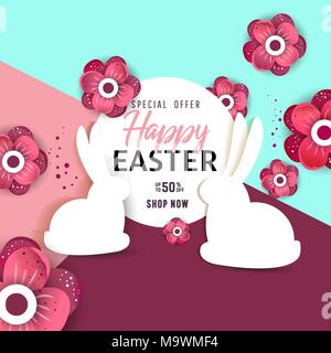 Happy Easter scene with  eggs and rabbits.  Concept for banner, flyer, invitation, greeting card, holiday backgrounds. Stock Vector