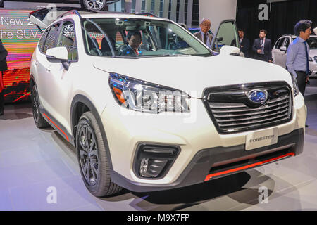 New York, New York, USA. 28th Mar, 2018. 2019 Subaru Forester is seen after its unveiling at the New York International Auto Show, March 28, 2018 at the Jacob K. Javits Convention Center in New York City. The auto show opens to the public on March 30 and will run through April 8. Credit: William Volcov/ZUMA Wire/Alamy Live News Stock Photo