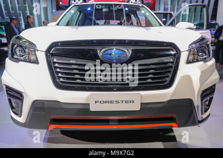 New York, New York, USA. 28th Mar, 2018. 2019 Subaru Forester is seen after its unveiling at the New York International Auto Show, March 28, 2018 at the Jacob K. Javits Convention Center in New York City. The auto show opens to the public on March 30 and will run through April 8. Credit: William Volcov/ZUMA Wire/Alamy Live News Stock Photo