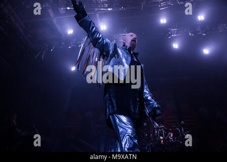 Oshawa, CANADA. 28th March, 2018. Judas Priest lead singer Rob Halford during their Firepower tour stop in Oshawa. Credit: Bobby Singh/Alamy Live News Stock Photo