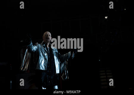 Oshawa, CANADA. 28th March, 2018. Judas Priest lead singer Rob Halford during their Firepower tour stop in Oshawa. Credit: Bobby Singh/Alamy Live News Stock Photo