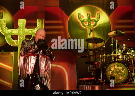 Oshawa, CANADA. 28th March, 2018. Judas Priest lead singer Rob Halford during their Firepower tour stop in Oshawa. Credit: Bobby Singh/Alamy Live News Stock Photo