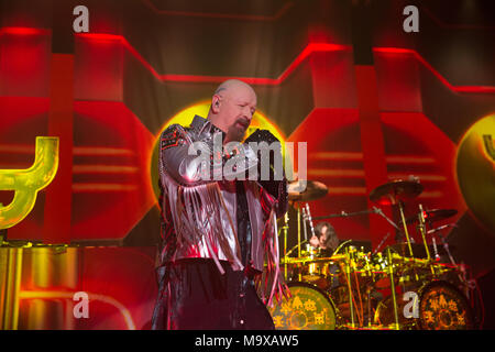 Oshawa, CANADA. 28th March, 2018. Judas Priest lead singer Rob Halford during their Firepower tour stop in Oshawa. Credit: Bobby Singh/Alamy Live News Stock Photo