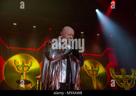 Oshawa, CANADA. 28th March, 2018. Judas Priest lead singer Rob Halford during their Firepower tour stop in Oshawa. Credit: Bobby Singh/Alamy Live News Stock Photo