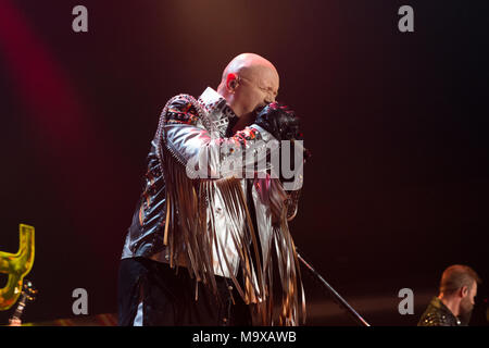 Oshawa, CANADA. 28th March, 2018. Judas Priest lead singer Rob Halford during their Firepower tour stop in Oshawa. Credit: Bobby Singh/Alamy Live News Stock Photo