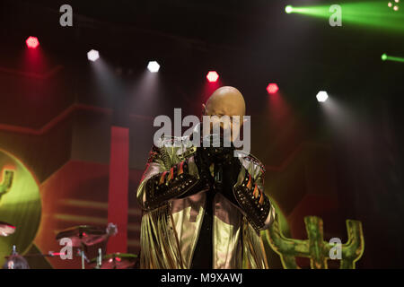 Oshawa, CANADA. 28th March, 2018. Judas Priest lead singer Rob Halford during their Firepower tour stop in Oshawa. Credit: Bobby Singh/Alamy Live News Stock Photo