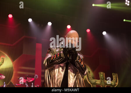 Oshawa, CANADA. 28th March, 2018. Judas Priest lead singer Rob Halford during their Firepower tour stop in Oshawa. Credit: Bobby Singh/Alamy Live News Stock Photo