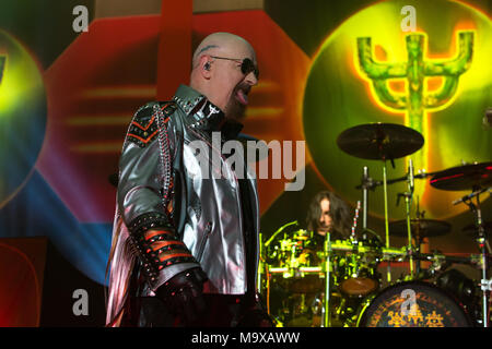 Oshawa, CANADA. 28th March, 2018. Judas Priest lead singer Rob Halford during their Firepower tour stop in Oshawa. Credit: Bobby Singh/Alamy Live News Stock Photo