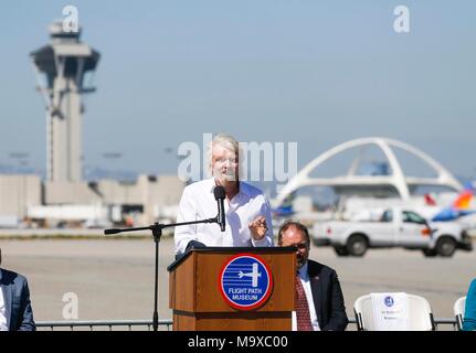 Los Angeles, USA. 28th Mar, 2018. Richard Branson (front), founder of the Virgin Group, speaks as he is inducted into the Flight Path Walk of Fame at Los Angeles International Airport in Los Angeles, the United States, March 28, 2018. Credit: Zhao Hanrong/Xinhua/Alamy Live News Stock Photo