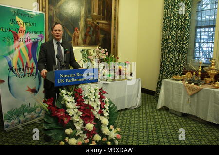 London, UK. 28th Mar, 2018. Dr Matthew Offord MP, London, UK, 28/03/2018 - Cross-party MPs & Peers joined members of the Anglo-Iranian community for Nowruz celebration in the UK Parliament on Wednesday 28 March 2018. Matthew Offord MP speaking at this event and said, the popular protests that have targeted the theocracy in its entirety is the beginning of a new era for the Iranian nation and a clear sign that the Iranian people desire genuine democratic change in their country in the coming Persian New Year. Credit: Siavosh Hosseini/Alamy Live News Stock Photo