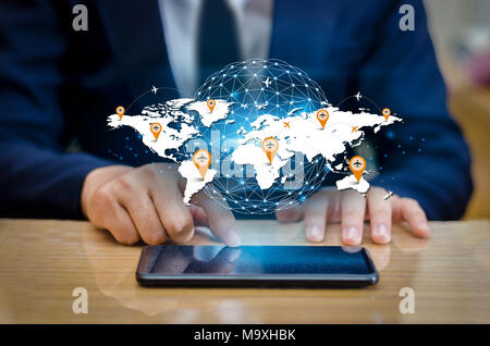 Smart Phones and Globe Connections Uncommon communication world Internet Business people press the phone to communicate in the Internet. Communications Stock Photo