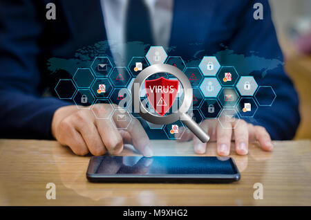 Red Shield Virus Internet phone Smartphone is protected from hacker attacks, Firewall Business people press the protected phone on the internet. space Stock Photo