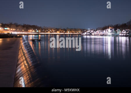 Philadelphia Boathouse Row at night along the falls of the Schuylkill River Stock Photo