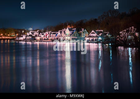 Philadelphia Boathouse Row at night along the Schuylkill River Stock Photo