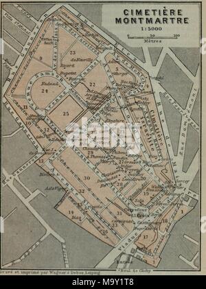 Color map of Montmartre's Cemetary in Paris, France, with a scale, and noting graves and tombs of interest, from the volume 'Paris and Environs, with Routes from London to Paris: handbook for travellers, ' authored by Karl Baedeker, 1913. Courtesy Internet Archive. () Stock Photo